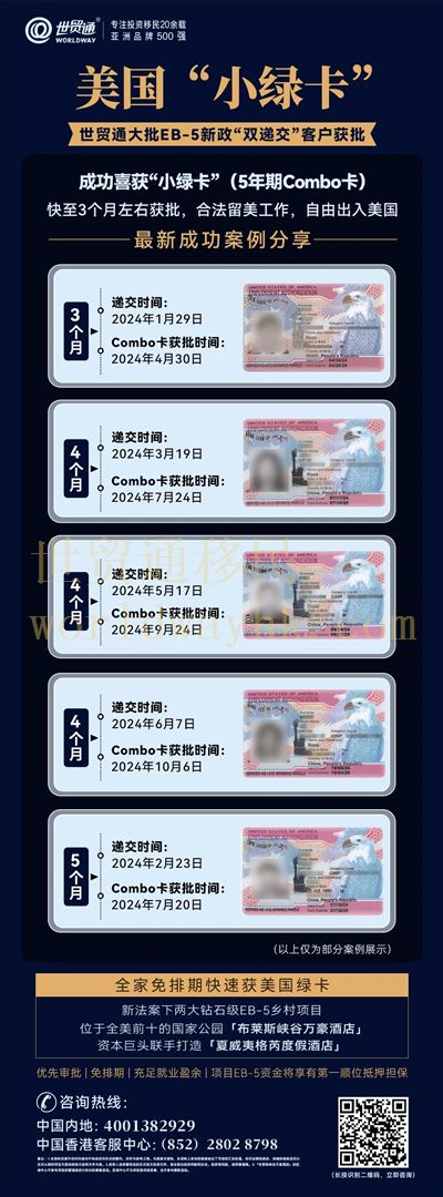 新法案下，投資EB-5預(yù)留簽證類別下的EB-5鄉(xiāng)村項目，免排期且擁有移民局優(yōu)先審理權(quán)。同時，美國境內(nèi)的EB-5申請人，包括留學(xué)生，可以在美國進(jìn)行“雙遞交”。世貿(mào)通已有多批EB-5投資人成功獲得了移民局審理批準(zhǔn)的Combo卡（工卡/回美證），最快僅用時3個月。