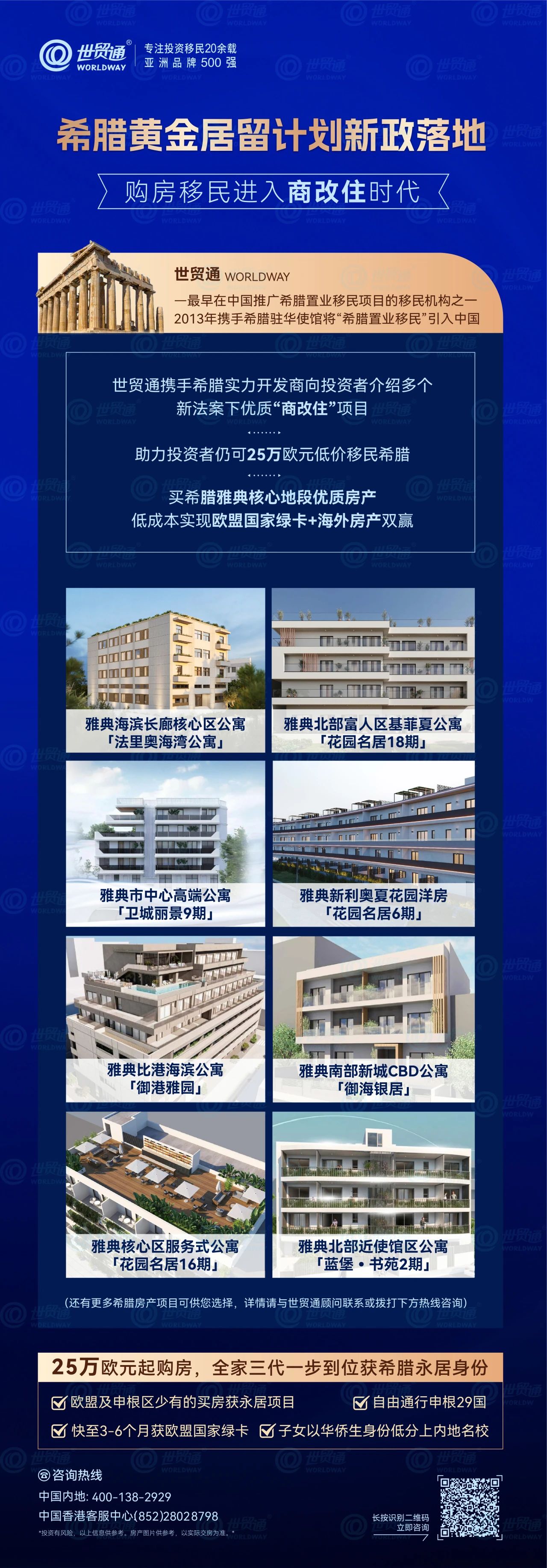 投資者投資25萬歐元起的房產(chǎn)，即可一步到位獲歐盟國家希臘永居身份!目前市場上符合希臘黃金居留項目申請法案、能快速過戶的優(yōu)質(zhì)「商改住」房源不多，建議廣大有意向的投資人把握機會，早選房早過戶，早拿身份早安心!